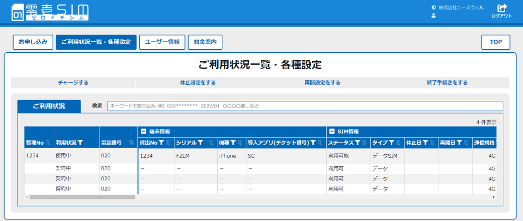 零壱SIM データ通信管理システム